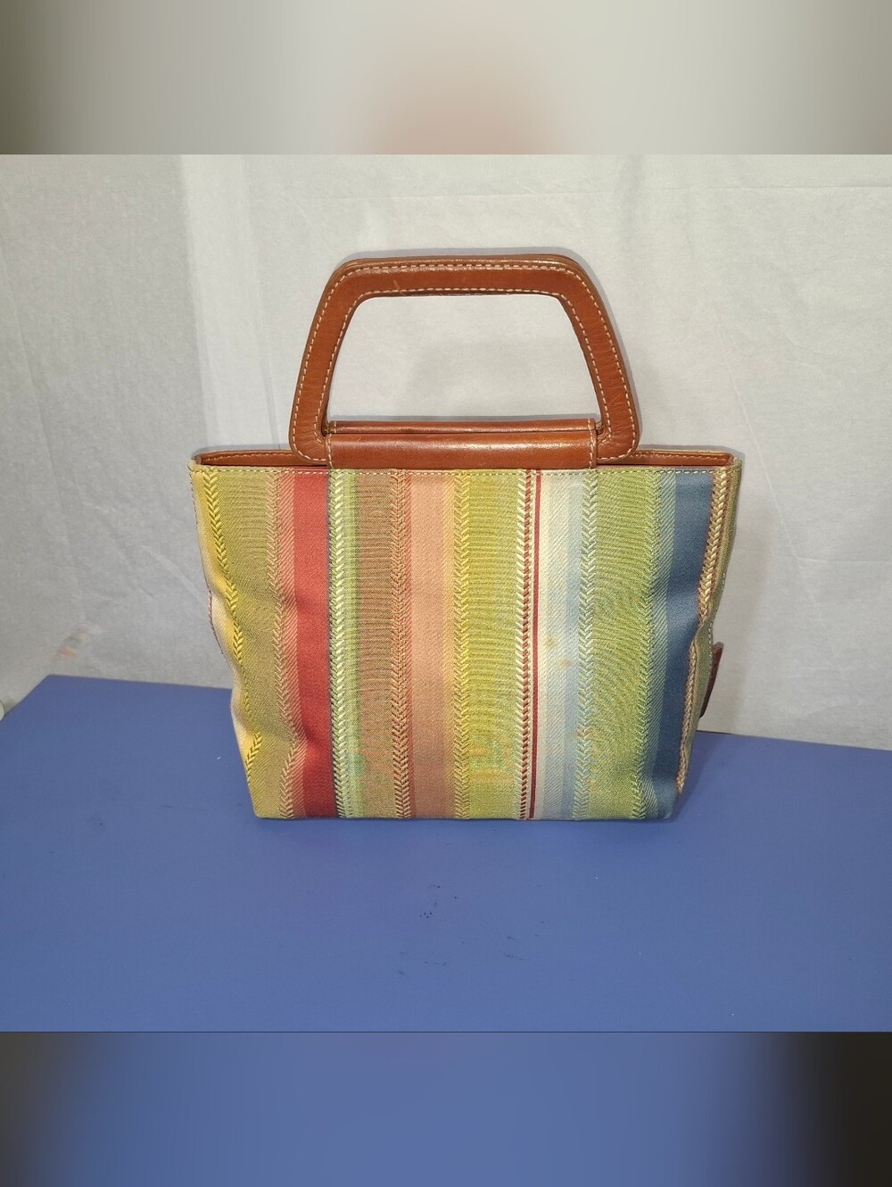 Fossil Multicolor Striped Canvas Tote with Brown Leather Handles